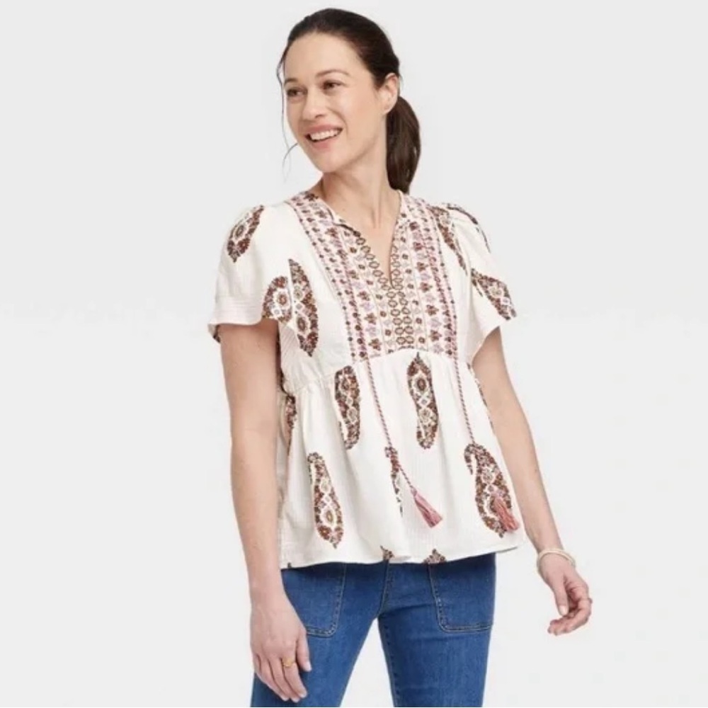 Knox Rose White Paisley Print Flutter Sleeve Tassel Boho Blouse S
